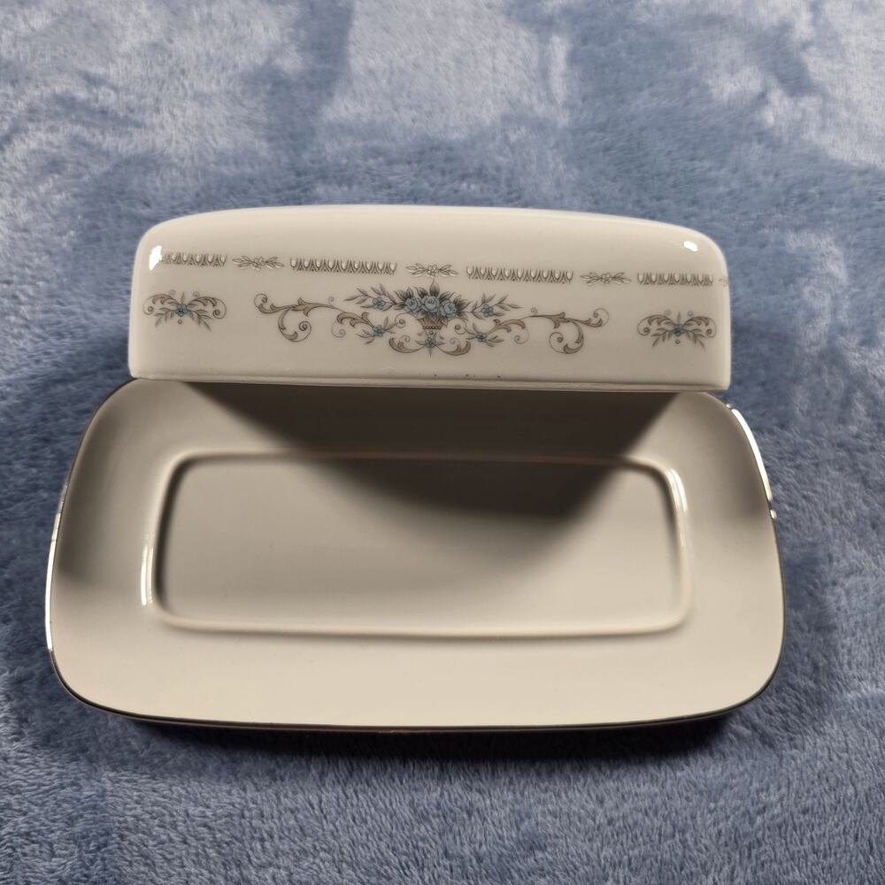 Vintage Diane Japan Fine Porcelain Covered Butter Dish Blue Floral Silver Trim
